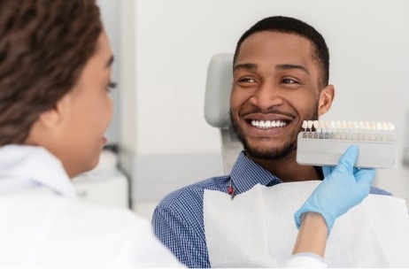 Dentist holding a dental color chart to a man smiling in dental chair